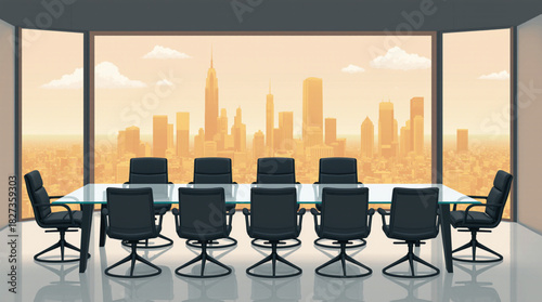 Modern boardroom with city skyline view