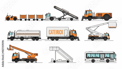 Collection of nine airport ground support vehicles and a bus in side profile