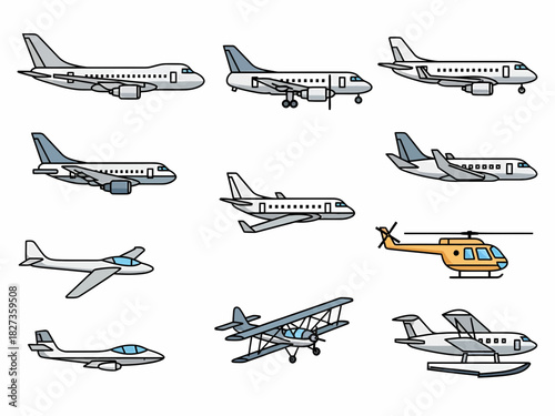 Collection of nine stylized icons depicting various aircraft including planes and a helicopter