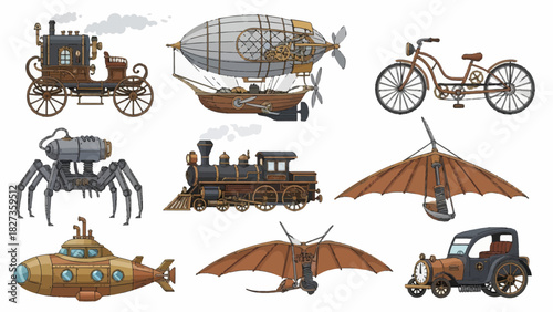 Collection of nine distinct steampunkstyled vehicles and machines on a white background