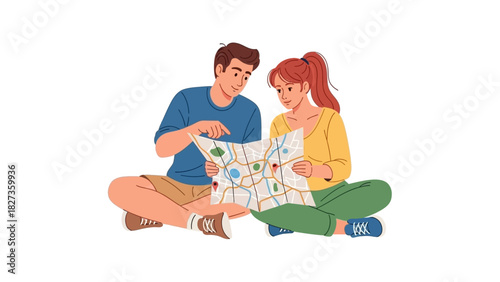 Joyful Couple Engaged in Travel Planning, Navigating Destinations on a Paper Map for Their Next Exciting Adventure Together