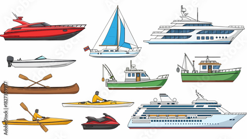 Collection of various recreational and commercial boats and watercraft illustrations