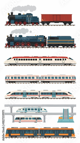 Collection of various train types illustrated on white background