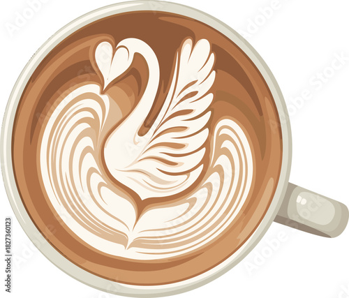 Vector illustration of coffee cup featuring elaborate swan latte art, viewed from above, isolated on white background.