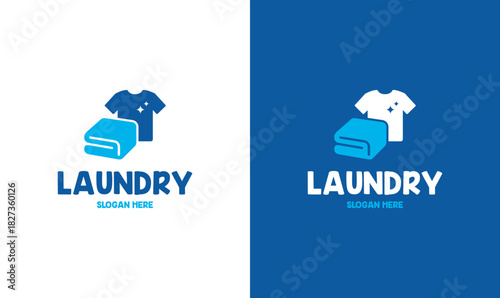Modern laundry service logo design featuring a clean folded towel and sparkling t-shirt icon in blue color scheme. Perfect for washing, cleaning, and dry-clean businesses.