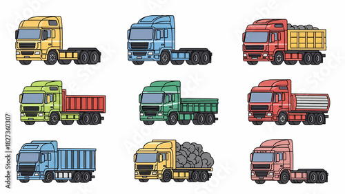 Nine different illustrated trucks arranged in a threebythree grid