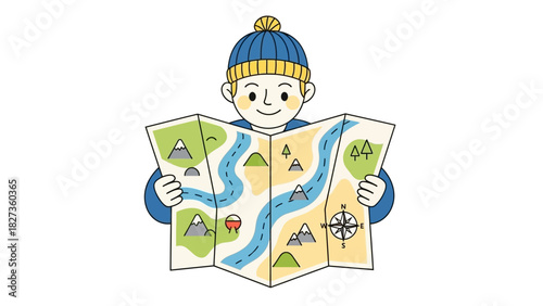 Young Adventurer Boy in Winter Hat Examining a Detailed Paper Map for Navigation and Exploring New Destinations