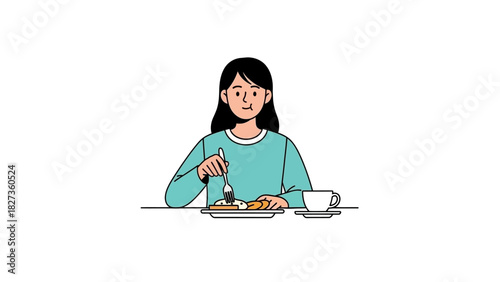 Cheerful young woman enjoying a delightful breakfast meal, savoring her morning coffee with a sweet pastry
