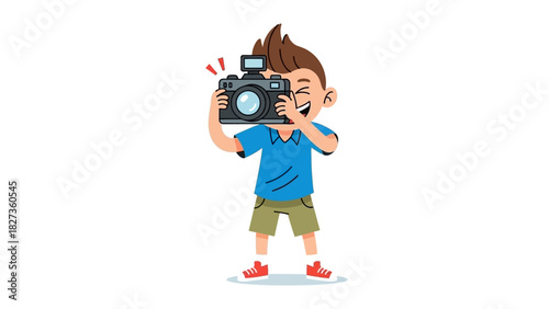 Cheerful boy photographer character taking a picture with a camera. A cute kid enjoying a photography hobby. Vector illustration