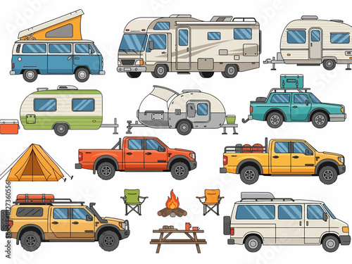 Vector illustration of various camping vehicles tents and gear