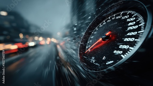 A close-up of a speedometer in a blurred, rain-soaked environment, showcasing high speed and motion amidst urban lights.