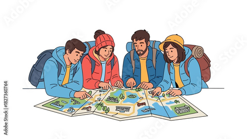 Group of Travelers Studying Map Together, Planning Journey Adventure, Travel Concept Illustration