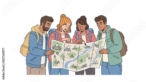 Group of Friends Hiking Planning Trip with Map, Backpacks, and Nature Exploration Adventure