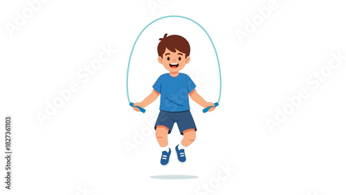 Cheerful little boy happily jumping with a skipping rope. Concept of children's sports, outdoor activities, and a healthy lifestyle