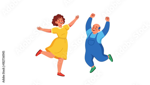 Energetic adults joyfully jumping with hands raised, expressing pure happiness and excitement in a playful cartoon illustration, celebrating life