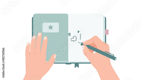 Dynamic illustration of hands actively sketching and developing new ideas in an open notebook