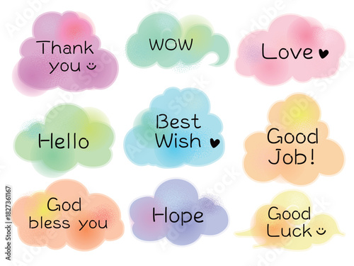 Colorful Fluffy Pastel Cloud Message Set__ Love, thank you, wow, good job, hello, best wish, good luck, god bless you, hope