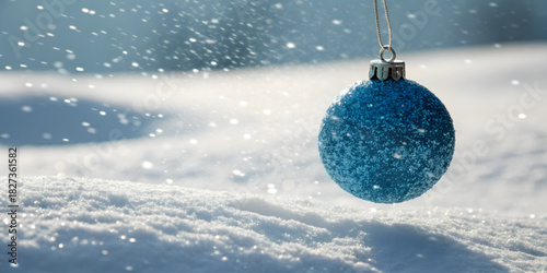 雪景色の中に輝く青いオーナメント、冬の静寂とクリスマスの雰囲気を表現した美しい写真.