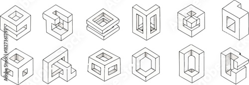 Geometric shapes abstract isometric cubes forms with hollow centers isolated illustration