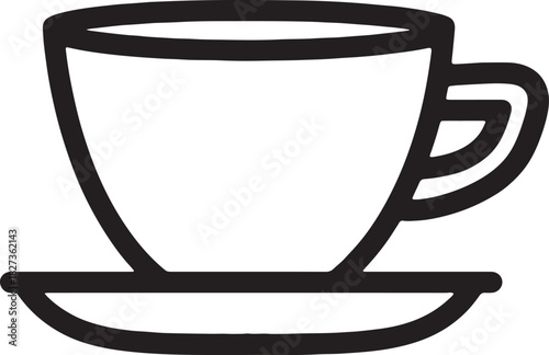 Simple black and white line art icon of a coffee cup and saucer