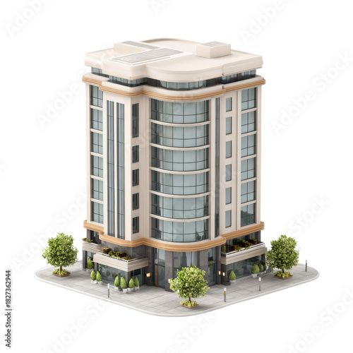 Modern beige and gray office building with curved glass windows and trees architecture, Isolated On Black Background, Png Transparent Background, Cut Out