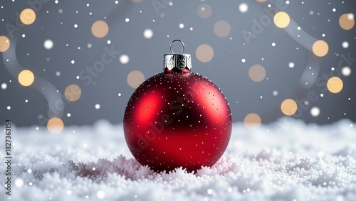 Red ornament on snow with Christmas lights