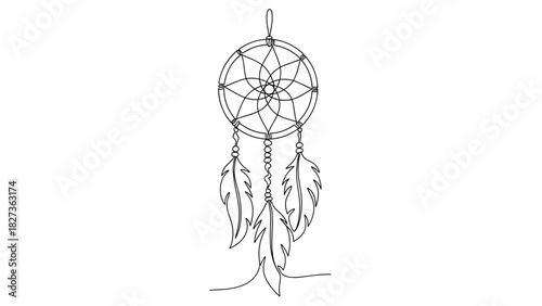 Dreamcatcher with feathers in minimalist line art style  