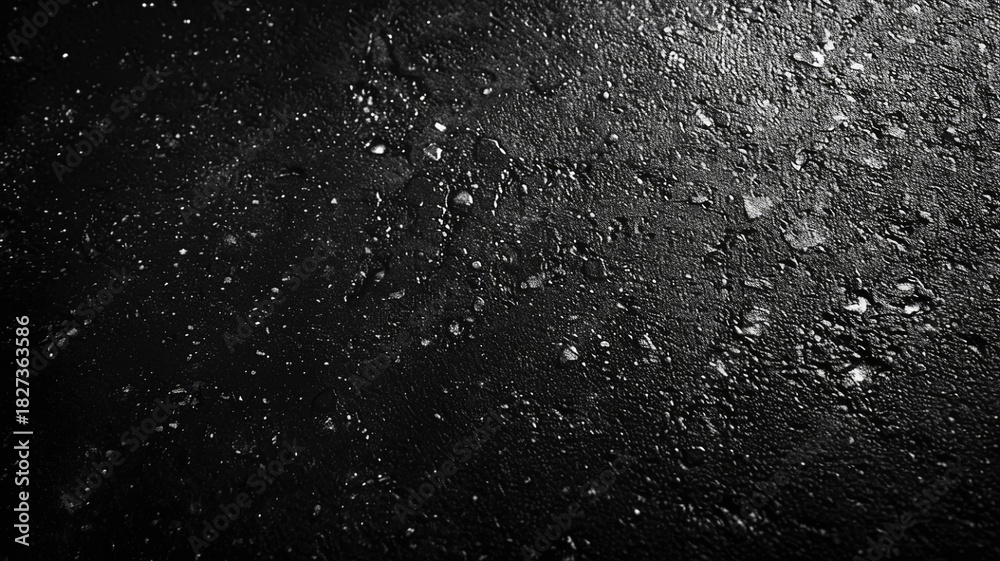 Obraz premium Close-up of wet black surface with scattered water droplets reflecting light