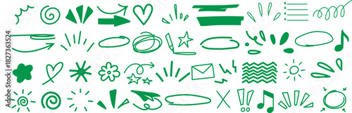 Hand drawn doodle elements including arrow, heart, star, swirl, highlight, and sketch underline. decorative design set for infographics, social media, note taking, and creative projects