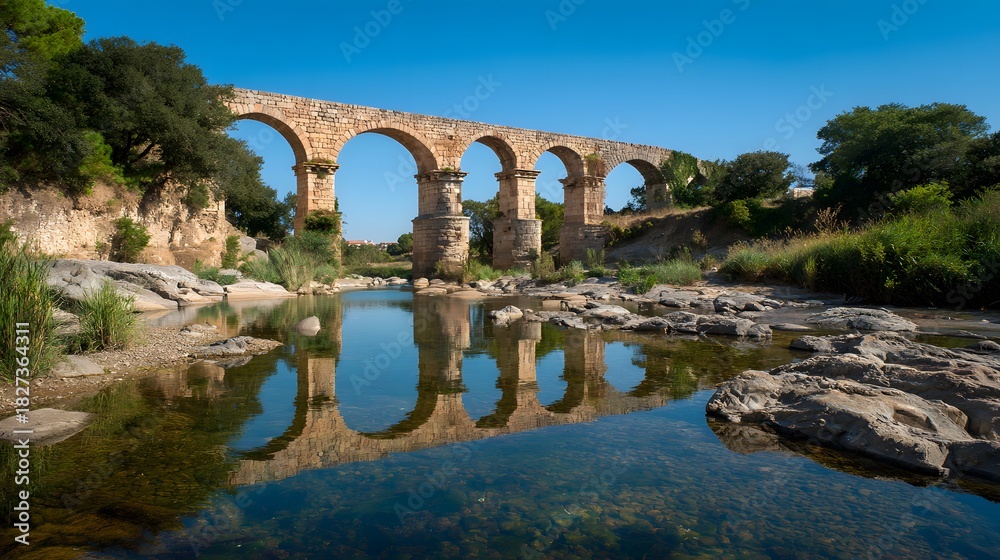 Fototapeta premium Ancient Roman Aqueduct Bridge Reflected in Serene River Under Clear Blue Sky.
