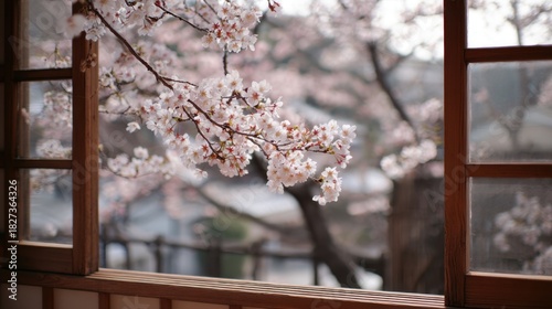 Cherry blossoms bloom outside an open window adding a touch of beauty to the peaceful atmosphere. Nature's colors enhance the tranquil scene inviting relaxation.