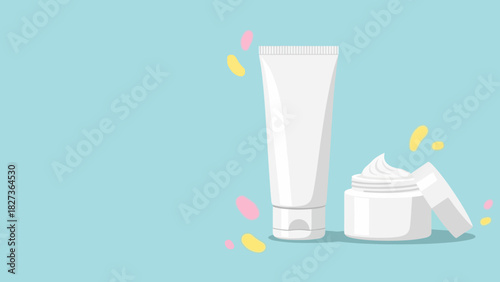 Elegant vector art of white cosmetic tube and open cream jar, ideal for a clean beauty concept, skincare promotion, or minimalist branding on a soothing blue background
