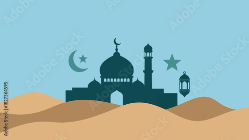 Islamic mosque silhouette against a desert night sky with a crescent moon and stars for the holy month of Ramadan