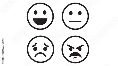 Vector illustration of basic human emotion emoticons set happy, neutral, sad, and angry expressions
