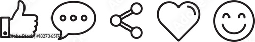 Social media engagement line art icons like comment share love smile