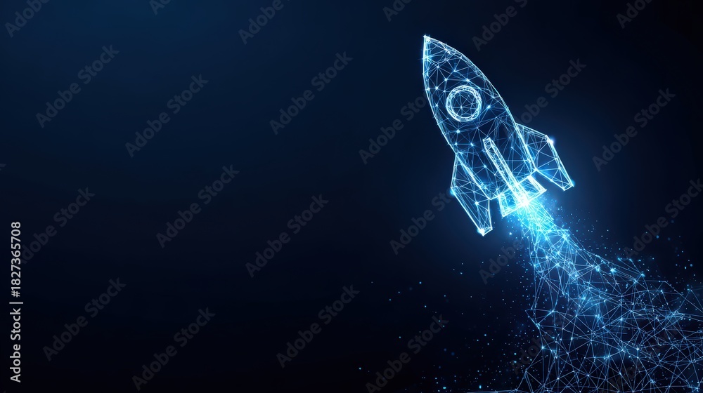 Obraz premium A digital rocket soars against a dark, futuristic background, representing innovation, progress. ..Created with Generative AI, not depicting real subjects.