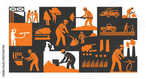 Collection of Industrial Workers in Various Labor Scenes.