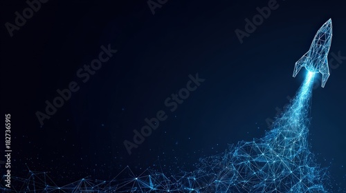 A futuristic, digital rocket blasts off, its trail of light carving through a vast expanse, representing innovation and limitless potential. ..Created with Generative AI, not depicting real subjects.