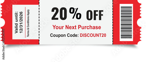 20 percent off coupon for next purchase with barcode and red perforated edges Keywords: coupon, discount, sale, offer, promotion, voucher, percent, off, twenty, Christmas