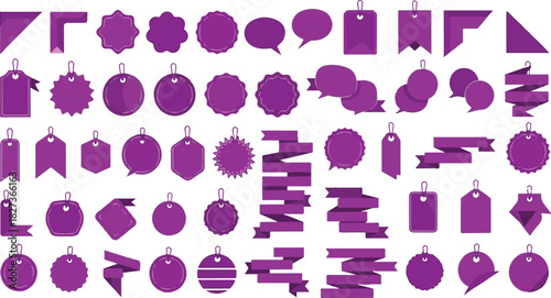 Collection of purple tags and ribbons for product pricing or promotion