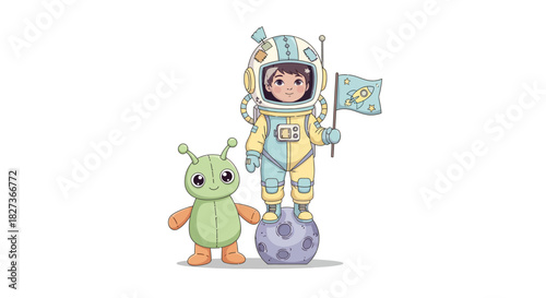 Adventurous young astronaut and friendly alien exploring space together