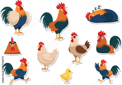 Colorful Chicken Collection Rooster, Hen, and Chick Vector Art