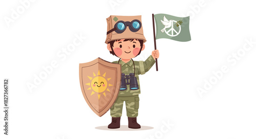 Adventurous young child dressed as a soldier holding a peace flag and shield