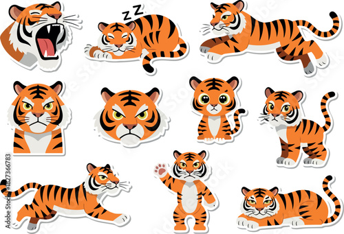 Diverse Tiger Expressions Cartoon Character Sheet of Playful Felines and Expressions