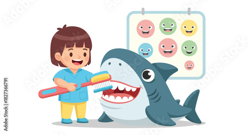 child brushing shark teeth with friendly reef creatures in educational setting
