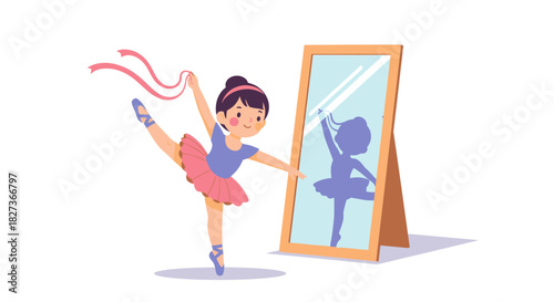 playful young girl practicing ballet in front of mirror in colorful dance studio