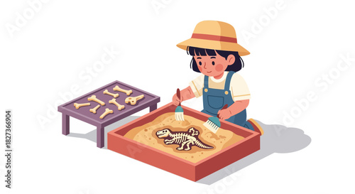 Child Engaged in Educational Dinosaur Skeleton Puzzle with Toddler Sandbox