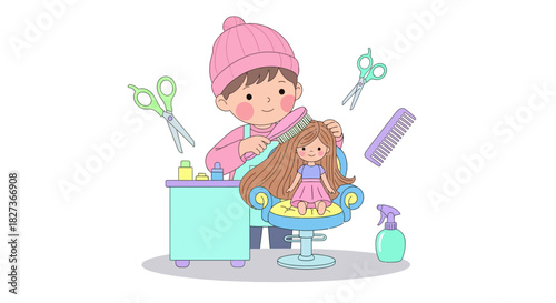 Cute girl having her hair styled by a young stylist with salon tools and