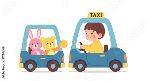 Cartoon Illustration of a Child Riding Taxi with Plush Toys and Eco Coins
