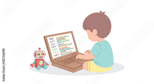 child coding with a robot toy on a laptop in a playful learning environment